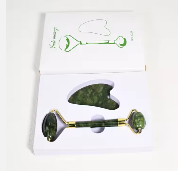 BelleVita Jade Roller & Gua Sha Set- Natural facial massage tool for lymphatic drainage, Anti aging and glowing skin cooling greenstone, Face and neck skin care set.