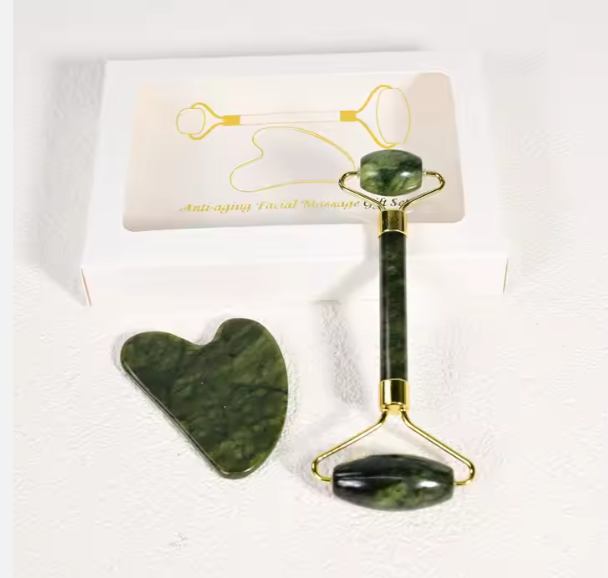 BelleVita Jade Roller & Gua Sha Set- Natural facial massage tool for lymphatic drainage, Anti aging and glowing skin cooling greenstone, Face and neck skin care set.