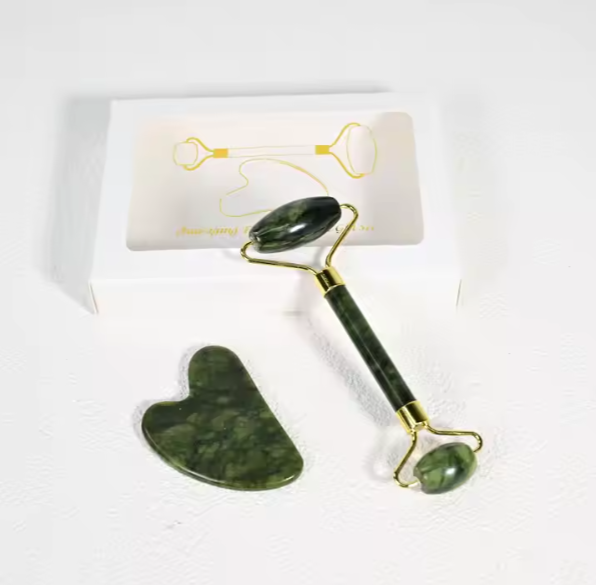 BelleVita Jade Roller & Gua Sha Set- Natural facial massage tool for lymphatic drainage, Anti aging and glowing skin cooling greenstone, Face and neck skin care set.
